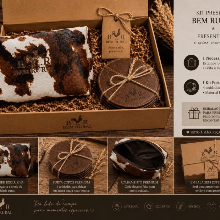 Kit presente Bem Rural com necessaire Country e quatro porta-copos
