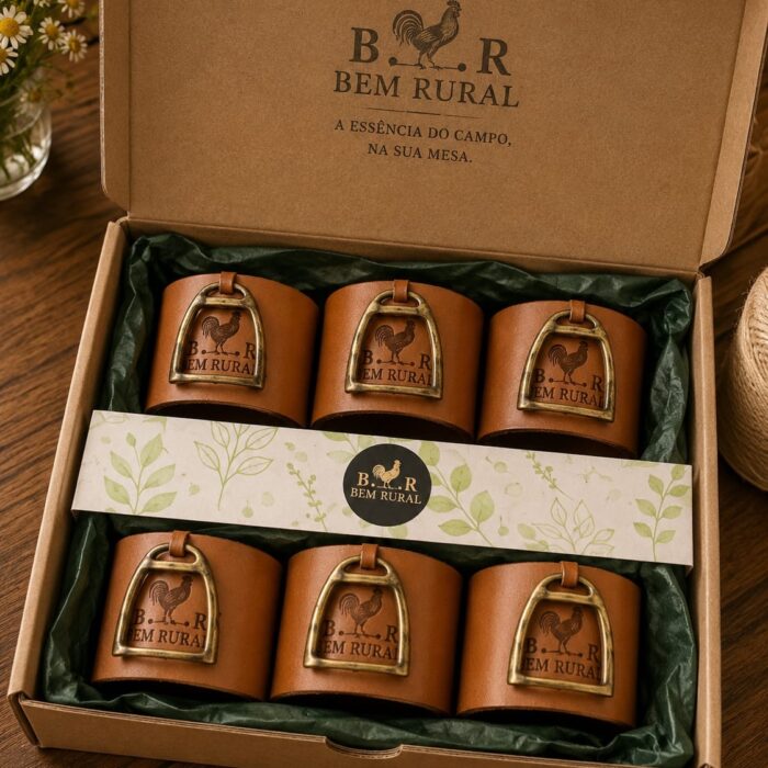 Kit presente Bem Rural com seis porta-guardanapos em couro natural