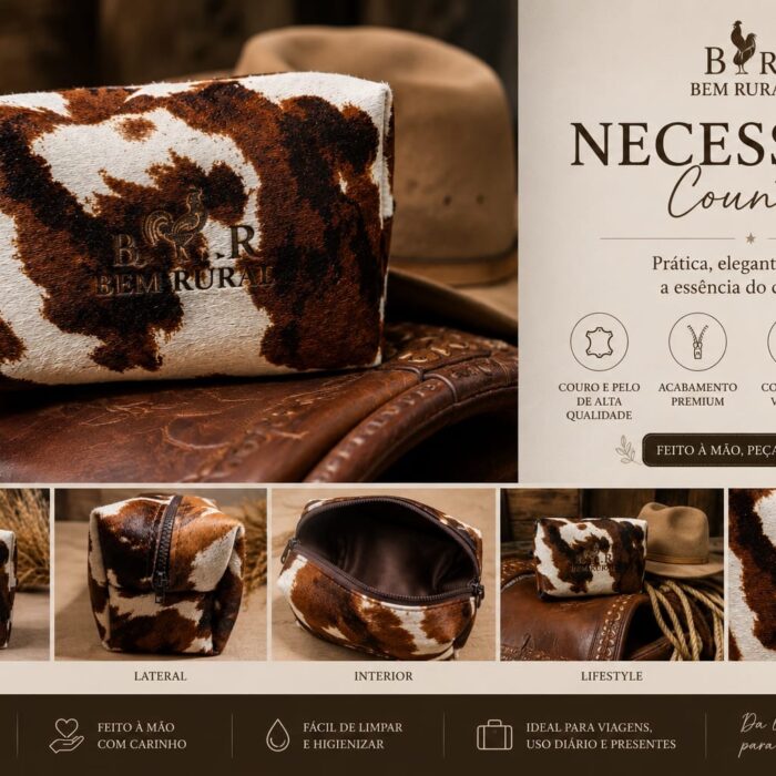 Necessaire Country Bem Rural em couro natural e pelo legítimo