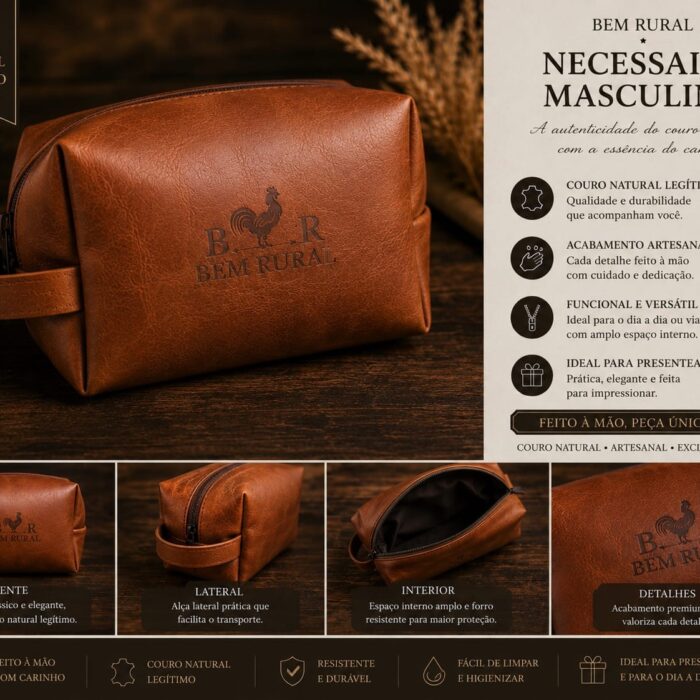 Necessaire masculina Bem Rural em couro natural legítimo